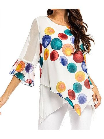 Adore Chiffon Bright Multi Colored Dot Blouse in White (view 2)