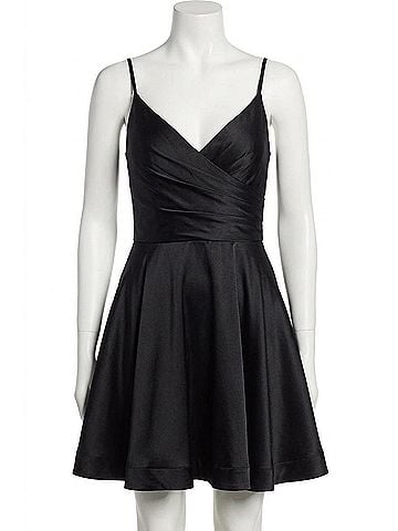 La Femme Satin V-Neck A-Line Cocktail Little Dress in Black (view 1)
