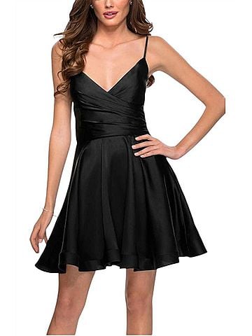 La Femme Satin V-Neck A-Line Cocktail Little Dress in Black (view 2)
