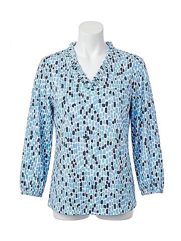 MULTIPLES Ruffle V-Neck Knit Top in Blue Mix (view 1)