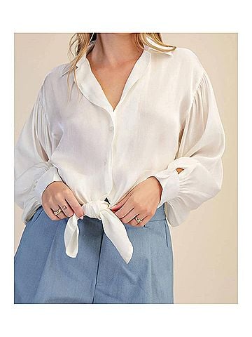 Glam Stephanie Tie Front Collared Blouse in White (view 2)
