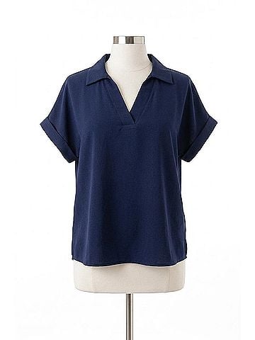 Yelete Relaxed Collared V-Neck Top in Navy (view 1)