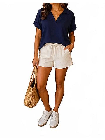 Yelete Relaxed Collared V-Neck Top in Navy (view 2)
