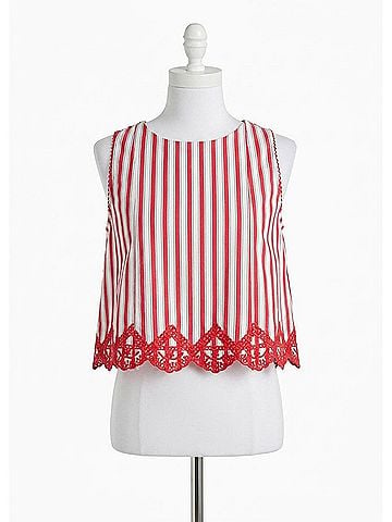 Skies Are Blue Strolling Seaside Sleeveless Striped Top With Embroidery Hem in Red/ White (view 1)