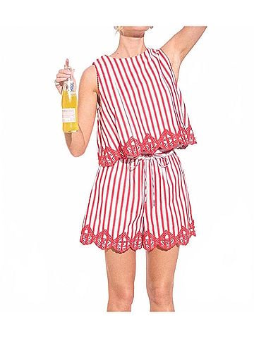 Skies Are Blue Strolling Seaside Sleeveless Striped Top With Embroidery Hem in Red/ White (view 2)