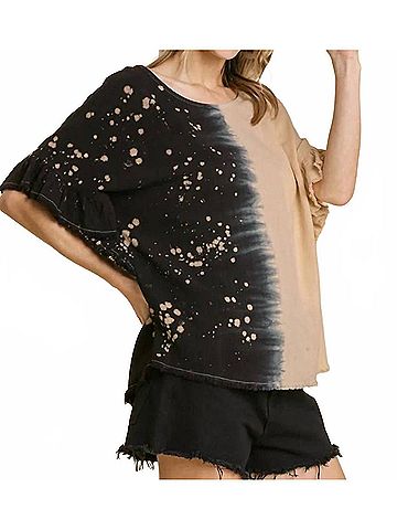 Umgee Dip Dye Ruffle Sleeve Top in Black (view 2)