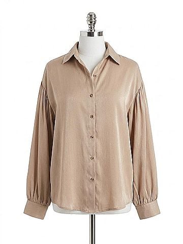 Glam Stephanie Tie Front Collared Blouse in Taupe (view 1)