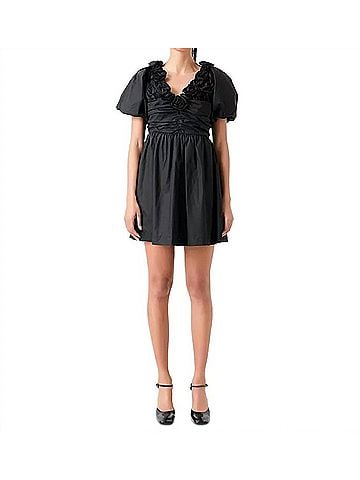 English Factory Flower Neckline Puff Sleeve Mini Dress in Black (view 2)