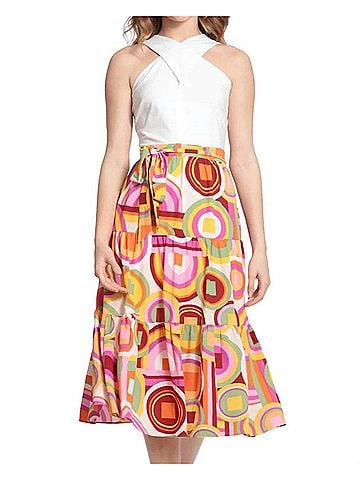 Donna Morgan Mariana Halter Midi Dress in Cream/Orange (view 2)