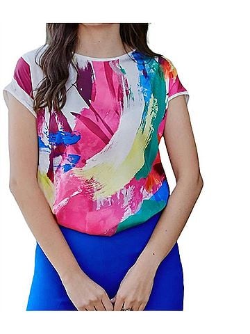 Frank Lyman Design Short Sleeve Loose Fitting Top in Multi/Vanilla (view 2)