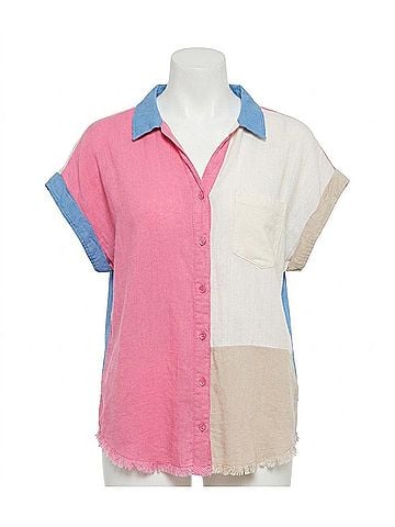 Umgee Color Block Gauze Top in Pink, White, Blue (view 1)
