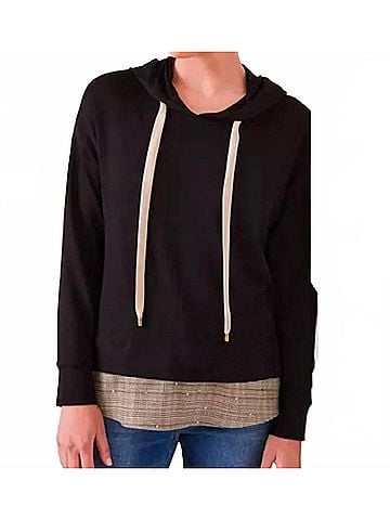 Karen Kane Charli Contrast Embellished Hem Hoodie in Black And Dark Tan (view 2)