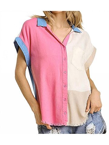 Umgee Color Block Gauze Top in Pink, White, Blue (view 2)