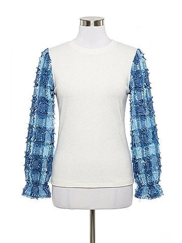 THML Denim Patchwork Sleeve Top in White/ Blue (view 1)