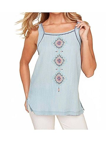 Renuar Embroidered Tank Top in Chambray With Multicolor Embroidery (view 2)
