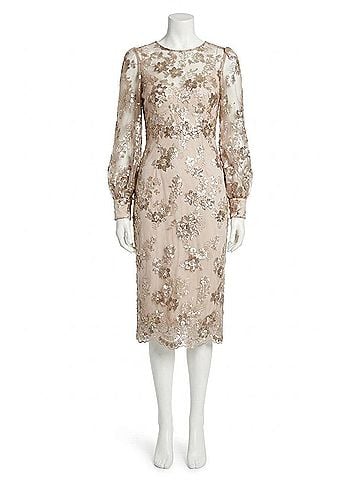 Mac Duggal Embellished High Neck Illusion Long Sleeve Midi Dress in Mocha (view 1)