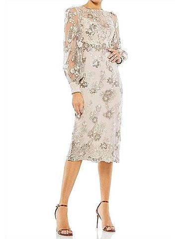 Mac Duggal Embellished High Neck Illusion Long Sleeve Midi Dress in Mocha (view 2)