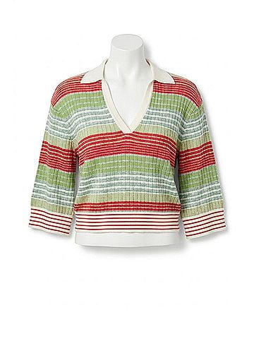 A.P.N.Y. Ribbed Stripe Polo Top in Olive Multi (view 1)