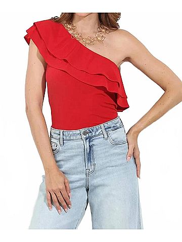 Veronica M. Ity Ruffle One Shoulder Top in Red (view 2)