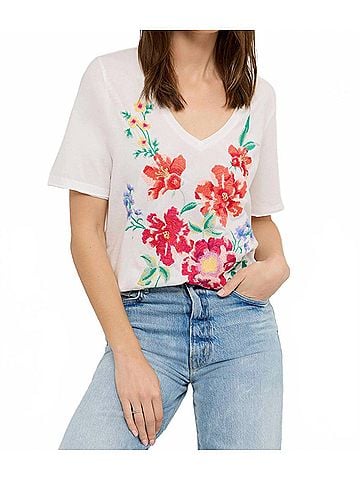 Johnny Was Celiora Raw Hem V-Neck Tee in White (view 2)