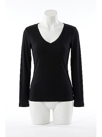 LA Made Esya V-Neck Long Sleeve Top in Black (view 1)
