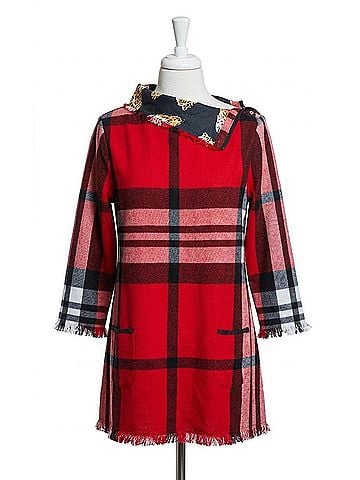 Dizzy Lizzie Aspen Cowl Neck Button Neck Flannel Top in Red/ Black/ White (view 1)