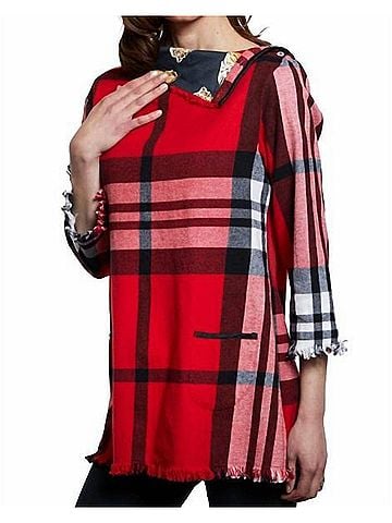 Dizzy Lizzie Aspen Cowl Neck Button Neck Flannel Top in Red/ Black/ White (view 2)