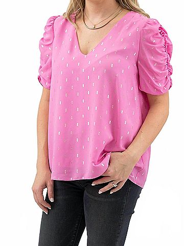 Adrienne Ruched Sleeve V-Neck Barbie Top in Pink (view 2)
