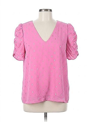 Adrienne Ruched Sleeve V-Neck Barbie Top in Pink (view 1)