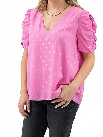 Adrienne Ruched Sleeve V-Neck Barbie Top in Pink (view 2)
