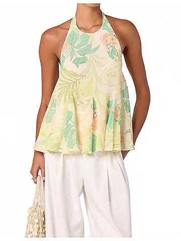 Astr Belen Babydoll Halter Top in Green Peach Tropical (view 2)