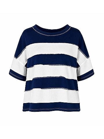 Zenana Women's French Terry Striped Exposed Seam Top in Navy (view 1)