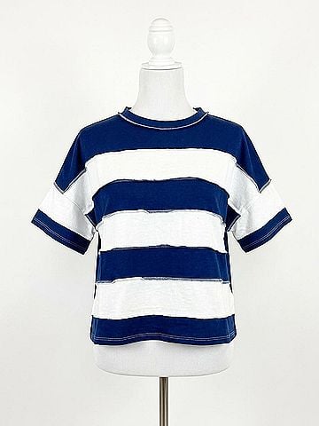 Zenana Women's French Terry Striped Exposed Seam Top in Navy (view 2)
