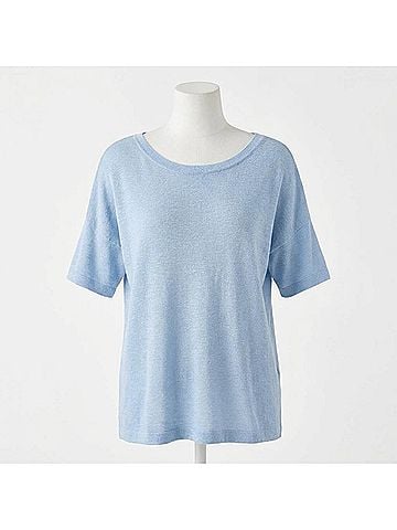 MAISON MONTAGUT Flamed Linen Button Back T-Shirt in Light Blue (view 1)