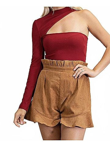 Glam Alyssa One Shoulder Cut Out Bodysuit in Vibrant Wine (view 2)