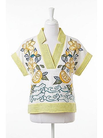 THML V-Neck Embroidered Top in Cream/Lime (view 1)