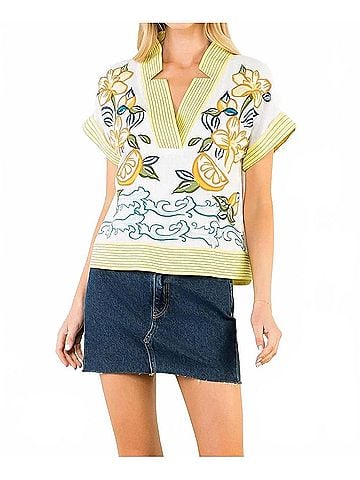 THML V-Neck Embroidered Top in Cream/Lime (view 2)