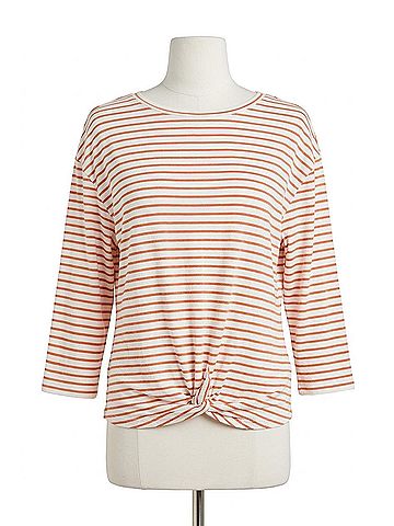Tribal 3/4 Sleeve Boatneck Twist Front Top in Guavablush (view 1)