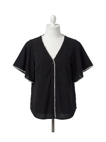 Karen Kane Felicity Flutter Sleeve Edge Stitch Top in Black And Cream (view 1)