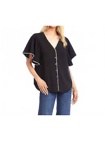 Karen Kane Felicity Flutter Sleeve Edge Stitch Top in Black And Cream (view 2)