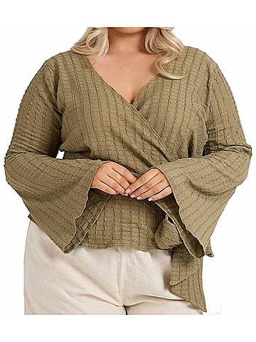 Fashion Wrap Front Belted Top - Plus in Green (view 2)