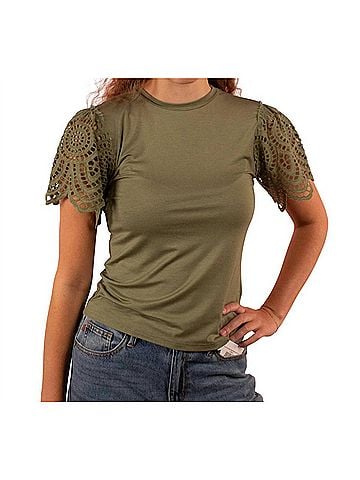 Mikarose Demi Crochet Sleeve Top in Green (view 2)