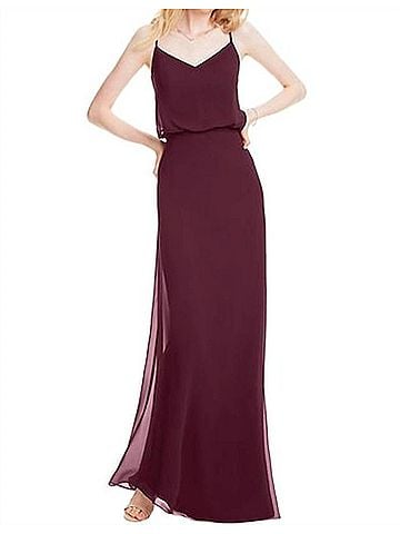 Bill Levkoff Chiffon V-Neck A-Line Dress Bridesmaid Dress in Wine (view 2)