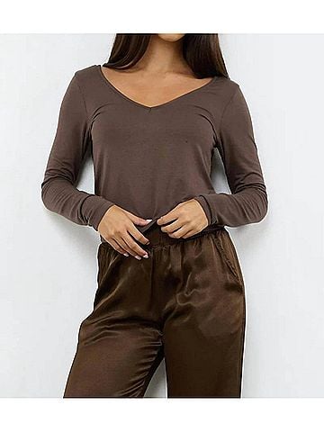 LA Made Esya V-Neck Long Sleeve Top in Mahogany (view 2)