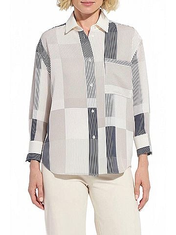 Lyssé Jessica 3/4 Sleeve Cropped Shirt in Oslo Stripe Collage (view 2)