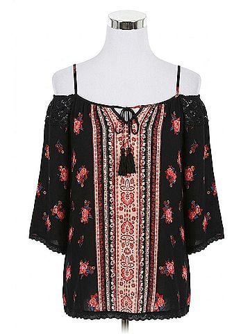 Angie Floral Twin Print Cold Shoulder Top - Plus in Black (view 1)