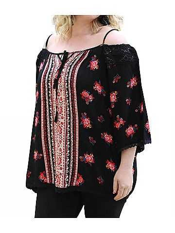 Angie Floral Twin Print Cold Shoulder Top - Plus in Black (view 2)