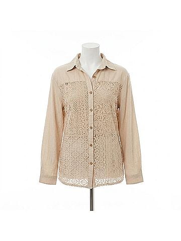 Young Threads Desert Dream Crochet Lace Button Down Top in Latte (view 1)