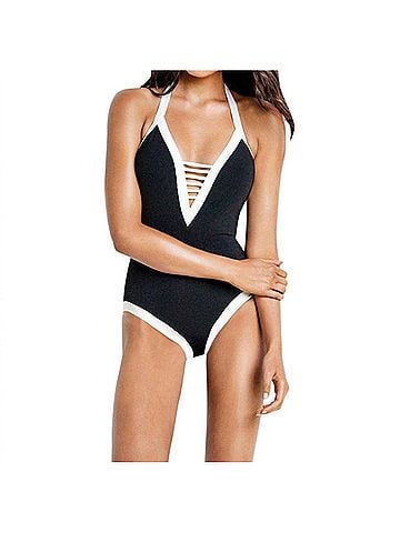 Seafolly Block Party Deep V One Piece Swimsuit in Black (view 2)