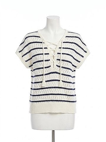 Fifteen Twenty Beth Crochet Stripe Lace-Up Sweater in Off White (view 1)